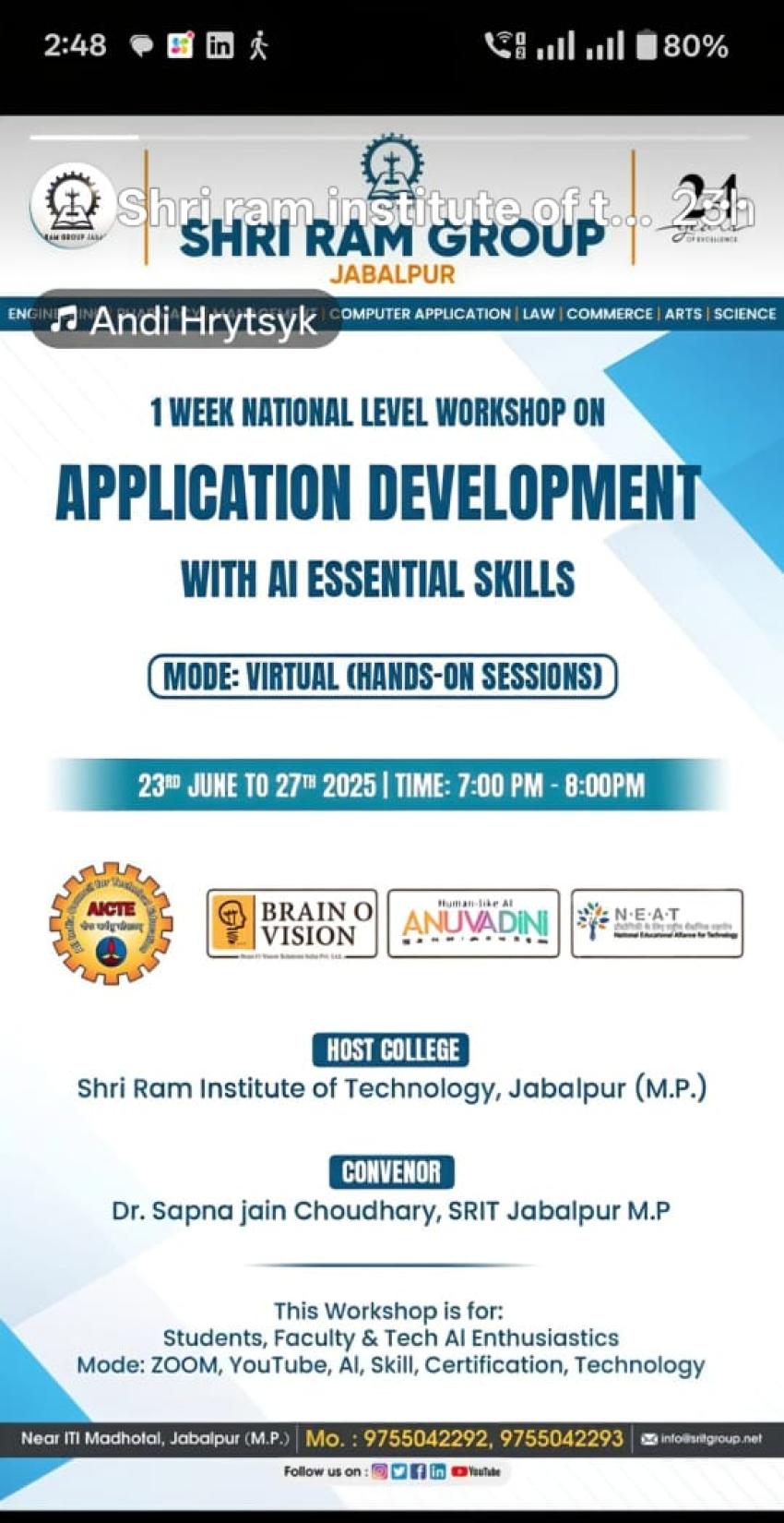 Shri Ram Group Organized its Virtual Workshop on App Development and AI Skills