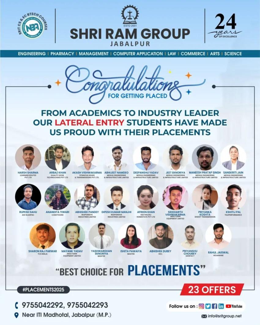 Shri Ram Group Feels Proud for the Lateral Entry of its Students in Top Companies